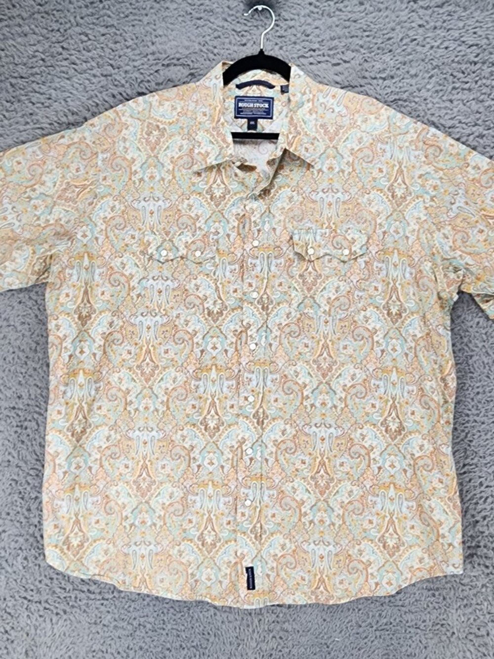 Rough Stock Shirt Mens XXL Yellow Paisley Cotton Short Sleeve Button Up